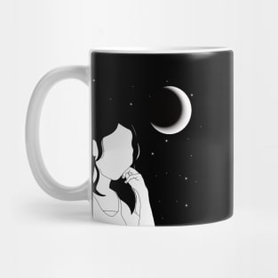 MINIMALIST PORTRAIT FACELESS GIRL MOON AND STARS BLACK AND WHITE Mug